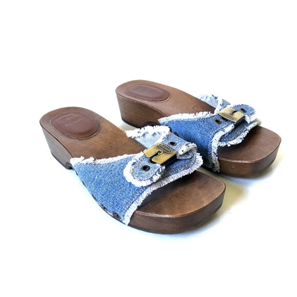 NEW Re/Done x Dr Scholl's Sandals Womens 36 6 Blue Washed Denim Wood Sole Buckle - Picture 2 of 11